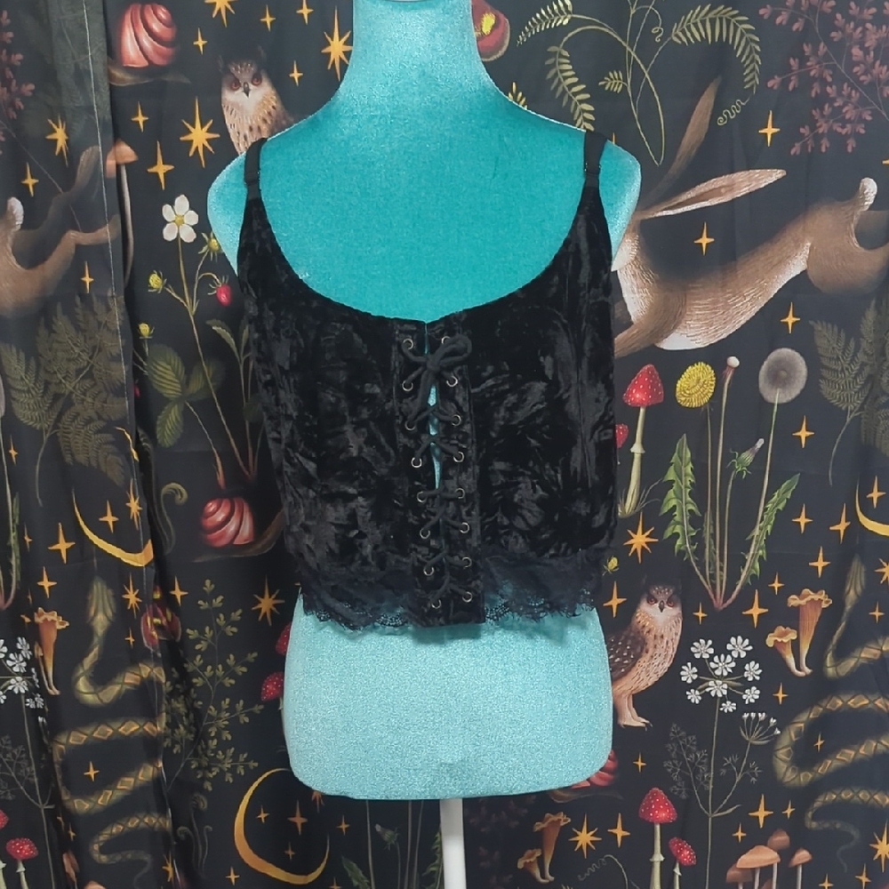 Killstar Black Velvet Cami Tie Up Crop Tank